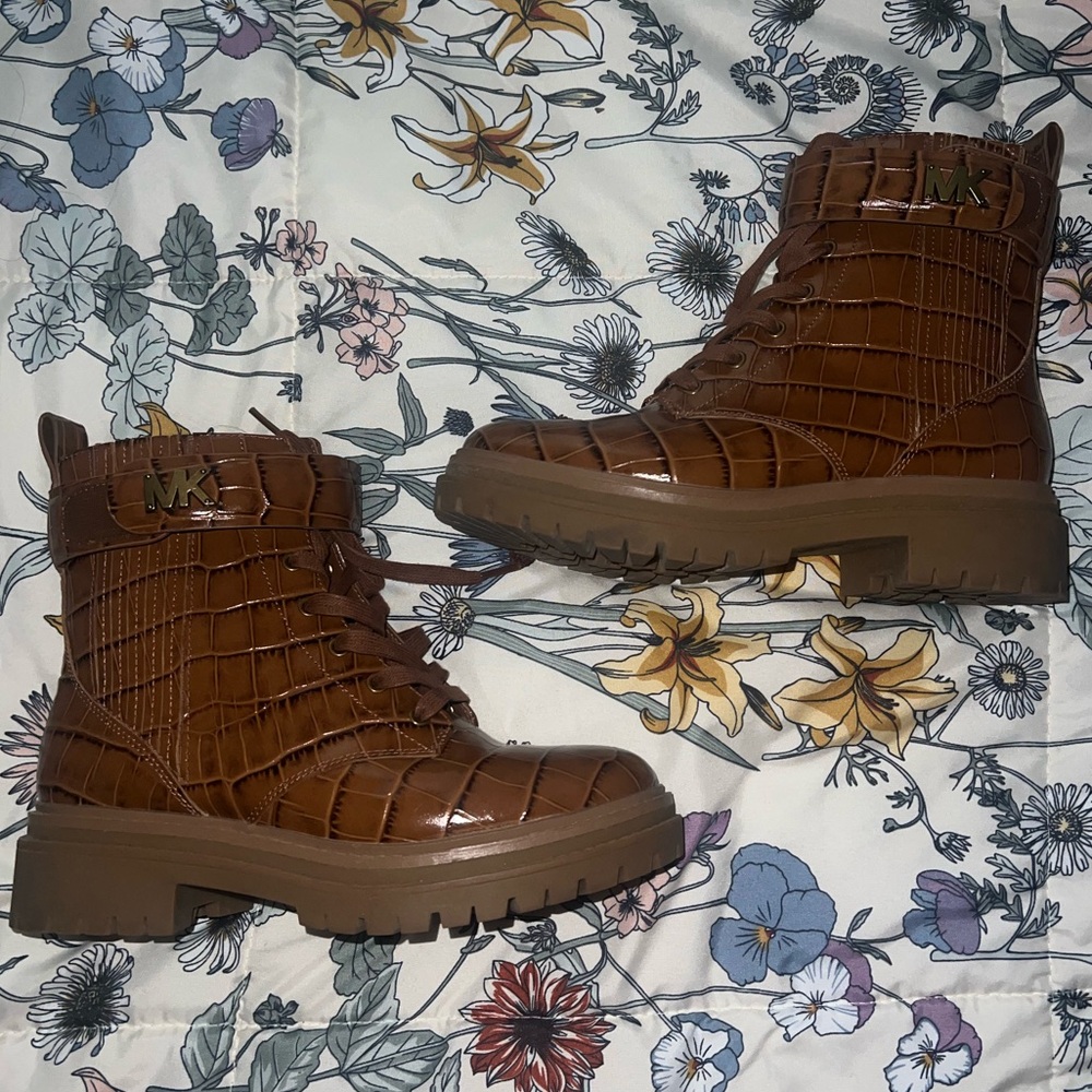 Michael Kors Tan Croc-Embossed Combat Boots